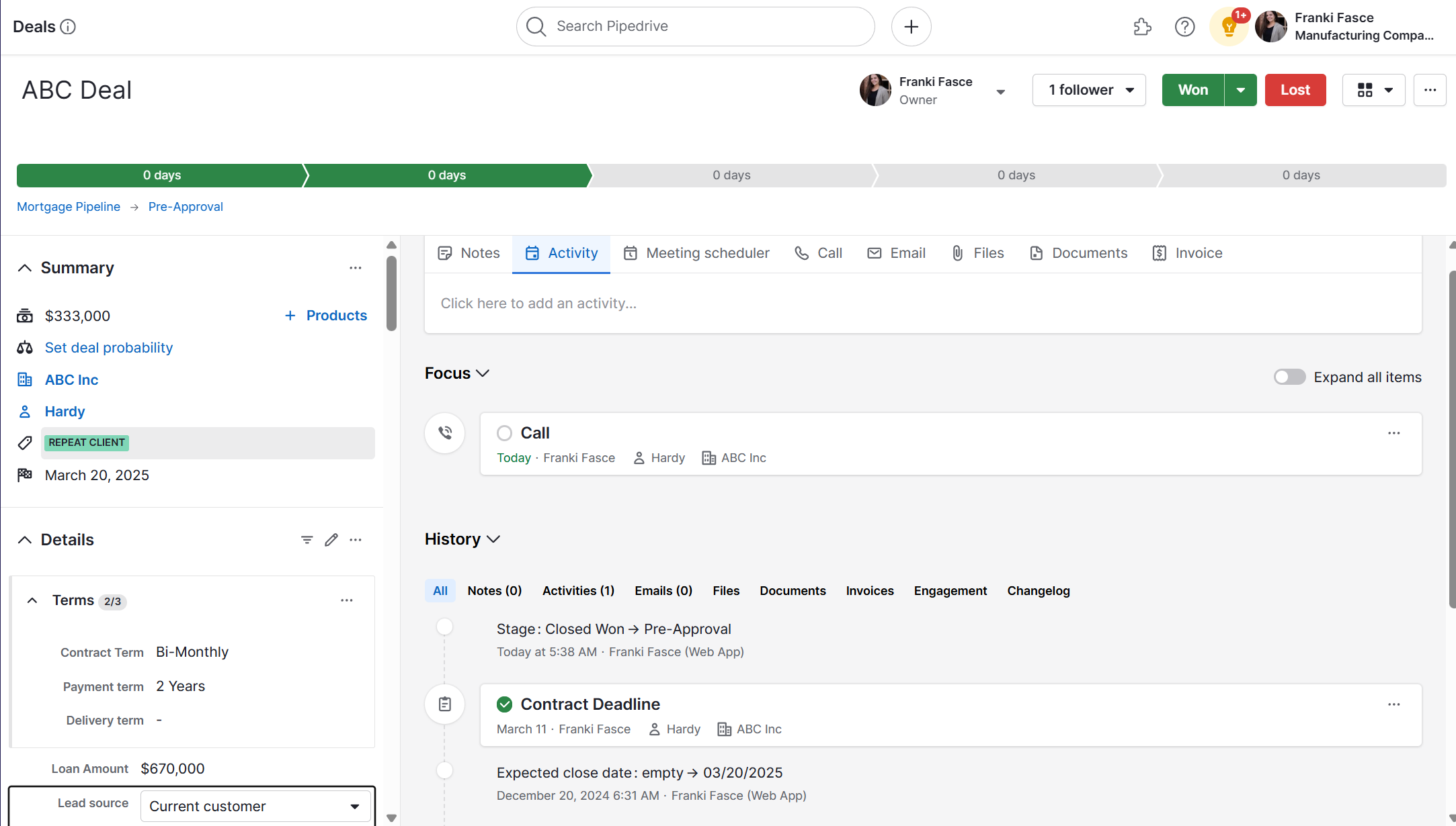 Pipedrive Deals Activity